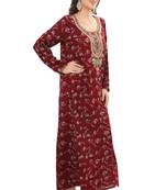 Floral printed A-line Jalabiya with Golden and multicolor threadwork 