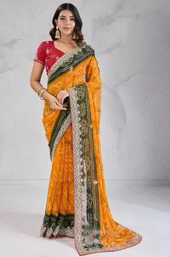 haldi yellow georgette embroidered saree