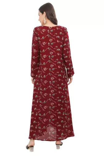 Floral printed A-line Jalabiya with Golden and multicolor threadwork 