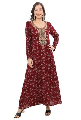 Floral printed A-line Jalabiya with Golden and multicolor threadwork  4