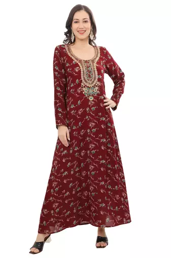 Floral printed A-line Jalabiya with Golden and multicolor threadwork 