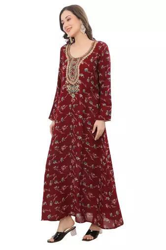 Floral printed A-line Jalabiya with Golden and multicolor threadwork 