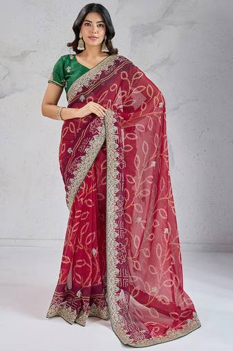 Dazzling maroon georgette embroidered indian bollywood saree