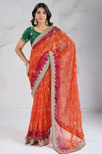 Seductive orange georgette embroidered indian designer festival saree