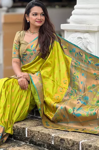 Parrot Green silk blend Saree With Paithani Weaved Pallu And Blouse