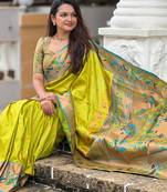 Parrot Green silk blend Saree With Paithani Weaved Pallu And Blouse
