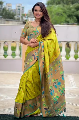 Parrot Green silk blend Saree With Paithani Weaved Pallu And Blouse