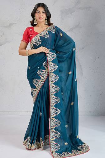 blue star georgette silk blend embroidered indian wedding saree