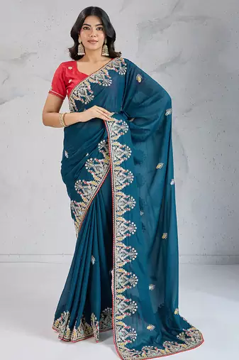 blue star georgette silk blend embroidered indian wedding saree