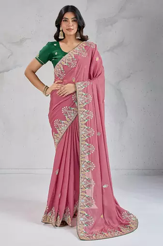 pink star georgette silk blend embroidered indian party wear saree