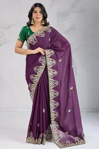 purple star georgette silk blend embroidered saree