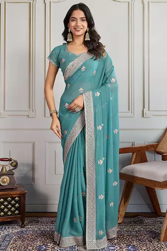 sky-blue georgette embroidered indian wedding saree
