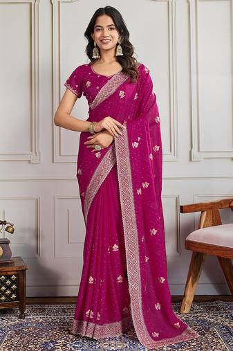 rani pink georgette embroidered indian party wear saree