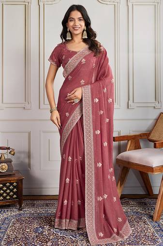 onio pink georgette embroidered saree