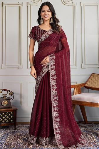 maroon georgette embroidered indian wedding saree