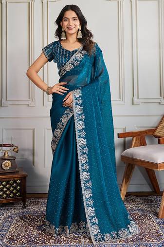 blue georgette embroidered indian party wear saree
