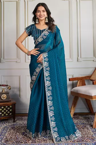 blue georgette embroidered indian party wear saree
