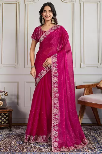 pink georgette embroidered saree