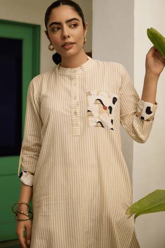 Beige cotton printed kurta-sets