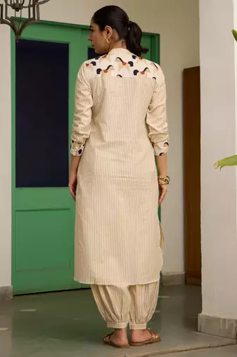 Beige cotton printed kurta-sets