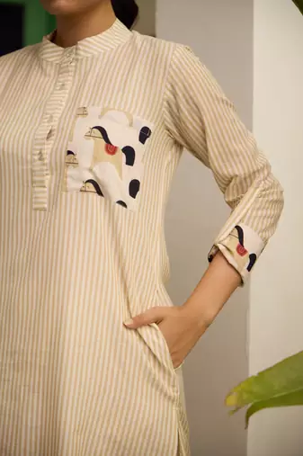 Beige cotton printed kurta-sets