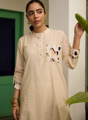 Beige cotton printed kurta-sets 4