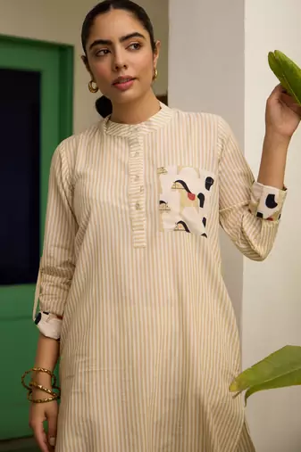 Beige cotton printed kurta-sets