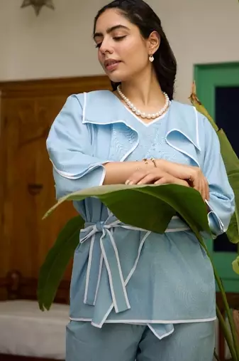 Blue linen printed kurta-sets