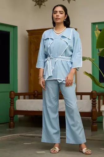 Blue linen printed kurta-sets