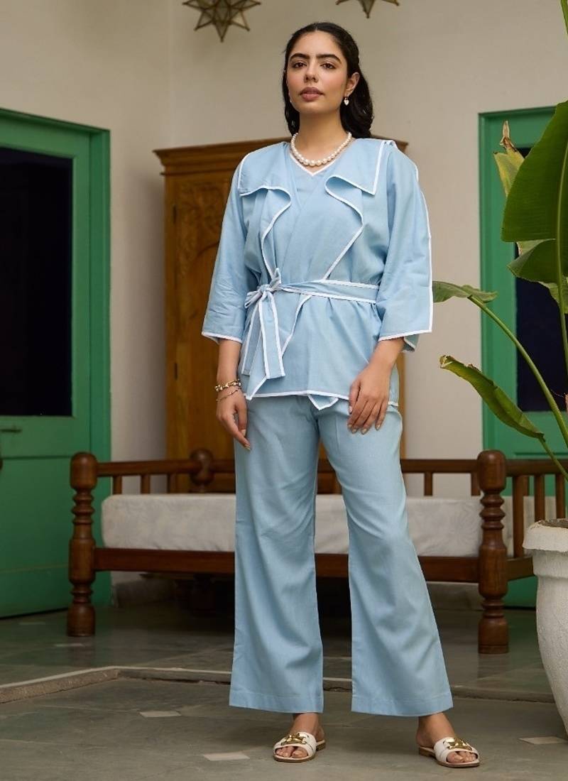 Blue linen printed kurta-sets