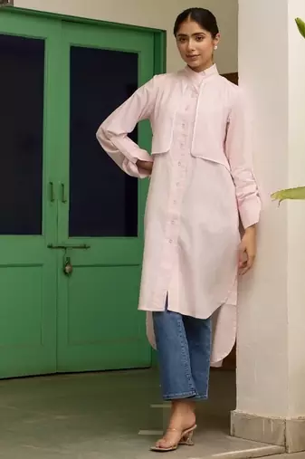 Baby-pink cotton printed kurta-sets
