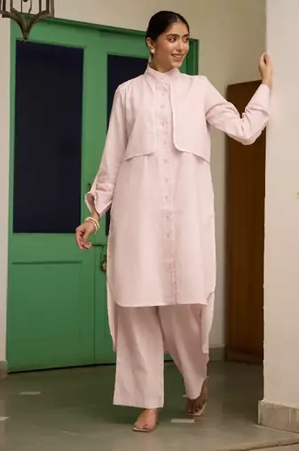 Baby-pink cotton printed kurta-sets