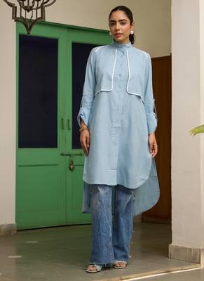 Blue linen printed Dress 1