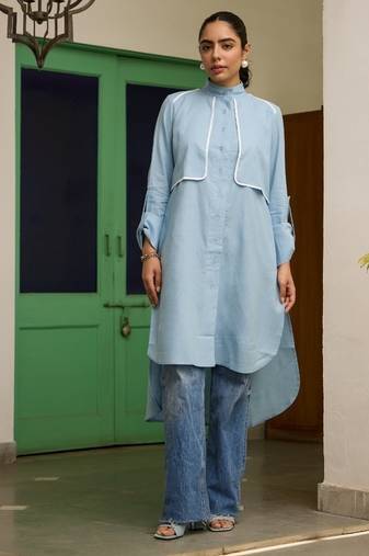 Blue linen printed Dress