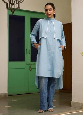 Blue linen printed Dress 2