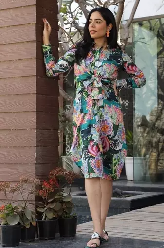 Green cotton printed Dress