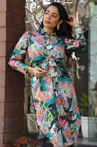 Green cotton printed Dress