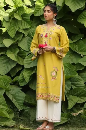 Yellow lawn printed kurta-sets