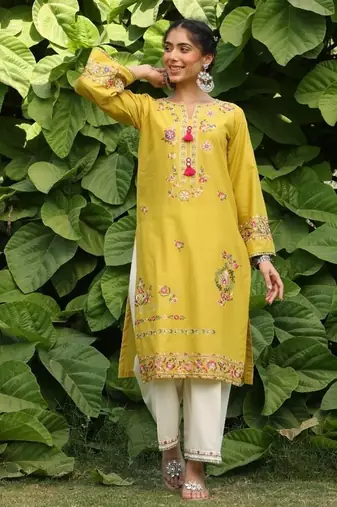 Yellow lawn printed kurta-sets