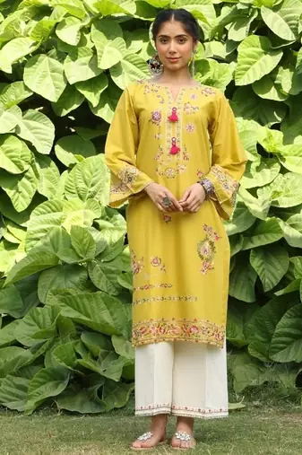 Yellow lawn printed kurta-sets