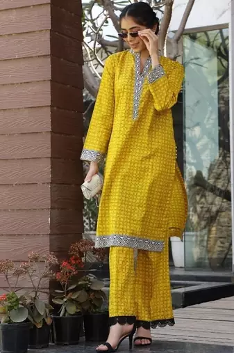 Yellow lawn printed kurta-sets