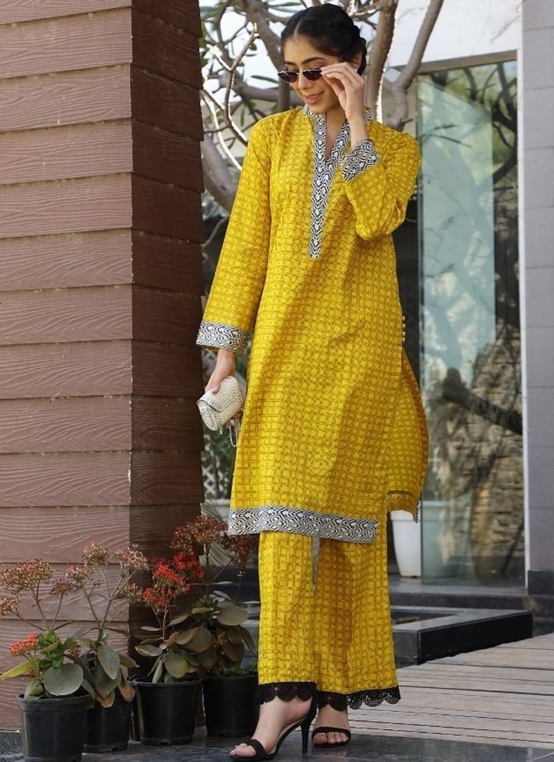 Yellow lawn printed kurta-sets
