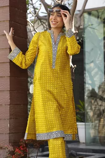 Yellow lawn printed kurta-sets