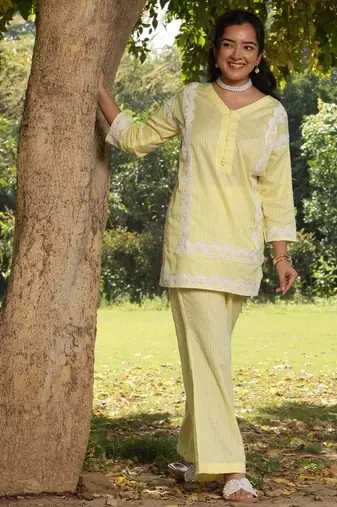 Light-yellow lawn printed Co-ord set