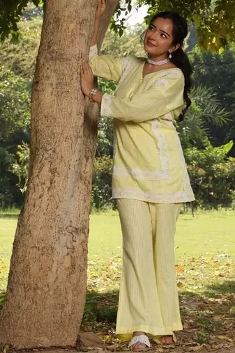 Light-yellow lawn printed Co-ord set