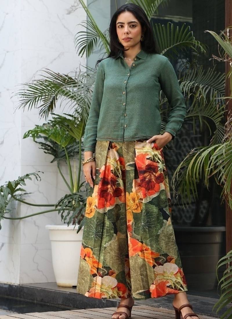 Green cotton printed Dress set