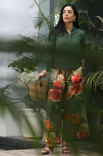 Green cotton printed Dress set