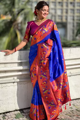 Blue silk blend Saree With Paithani Weaved Pallu And Blouse