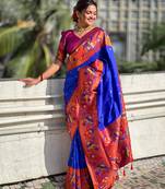 Blue silk blend Saree With Paithani Weaved Pallu And Blouse