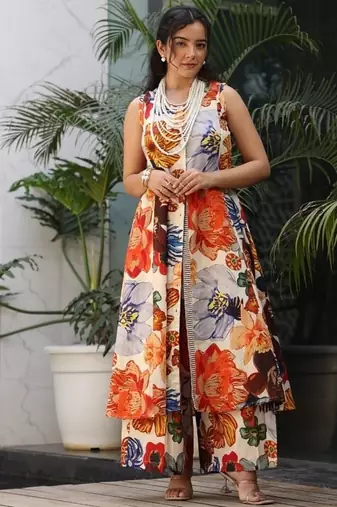 Orange cotton printed kurta-sets